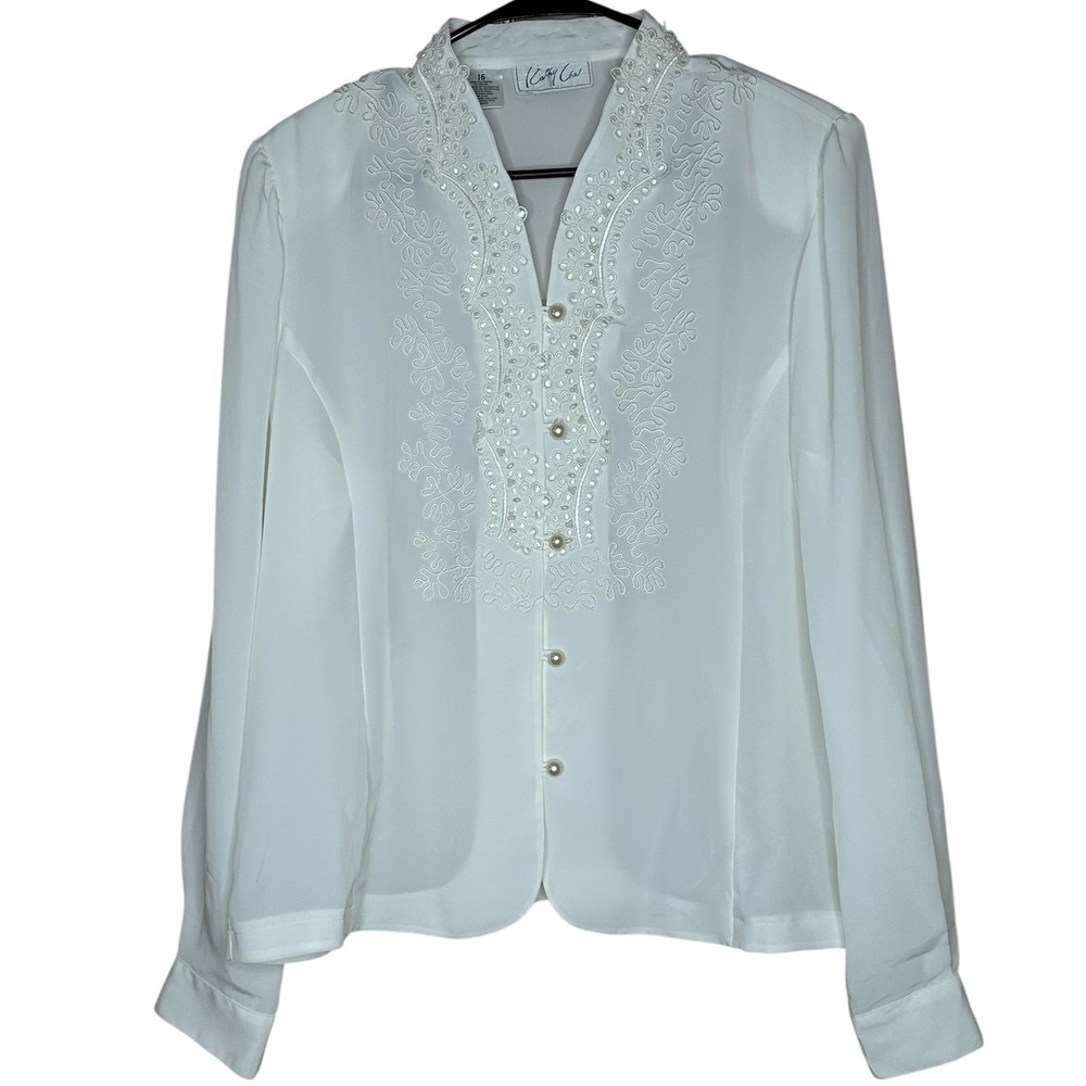 Cathy Che New York White Embroidered Pearl Beaded Blouse Vintage Size 16 NWT
